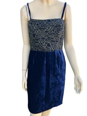 Vtg 90s Luca Luca Royal Blue + Gold Velvet And Lace Cocktail Dress Size 46 LARGE